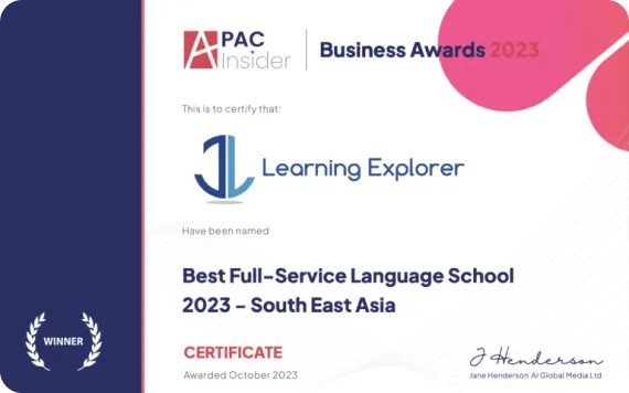 APAC Insider Business Awards 2023 certificate naming Learning Explorer Best Full-Service Language School, South East Asia
