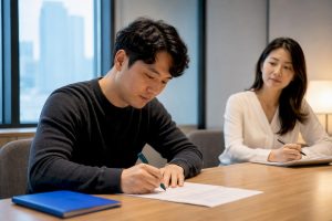 Adult learner taking Korean placement assessment