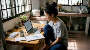 Singaporean studying Korean at kitchen table