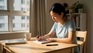 Woman practicing Korean alphabet at home