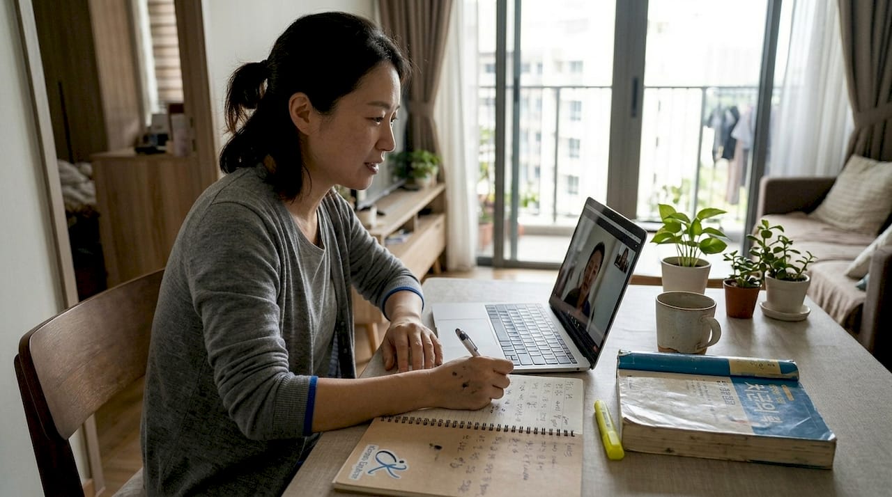 Woman learning Korean via online tutoring at home