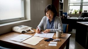 Teacher reviews lesson plan in bright lounge