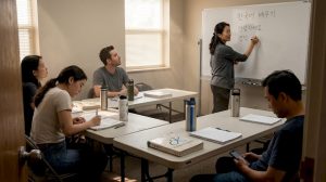 Adults in a Korean language classroom