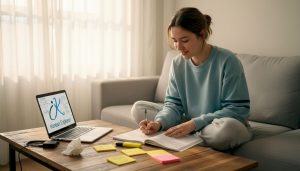 Student studying Korean language at home