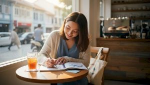 Woman studying Korean at Singapore café