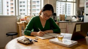 Adult student writing Hangul in sunny kitchen