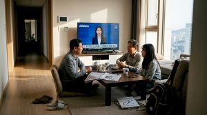 Korean family conversing in Seoul living room