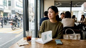 Language learner in Seoul café observing etiquette