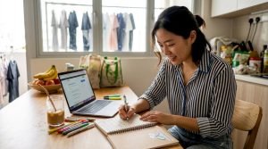 Woman studying Korean at kitchen table