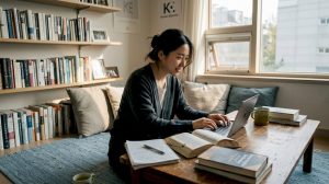 Student studying Korean language at home