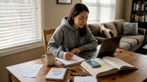 Woman studying Korean at messy home table