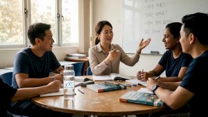 Korean tutor leads small group language class