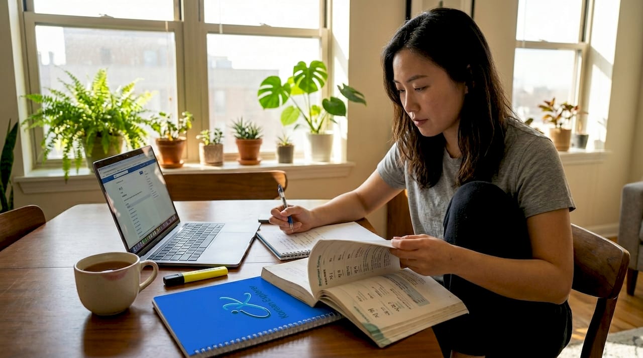 Woman studying Korean at home table