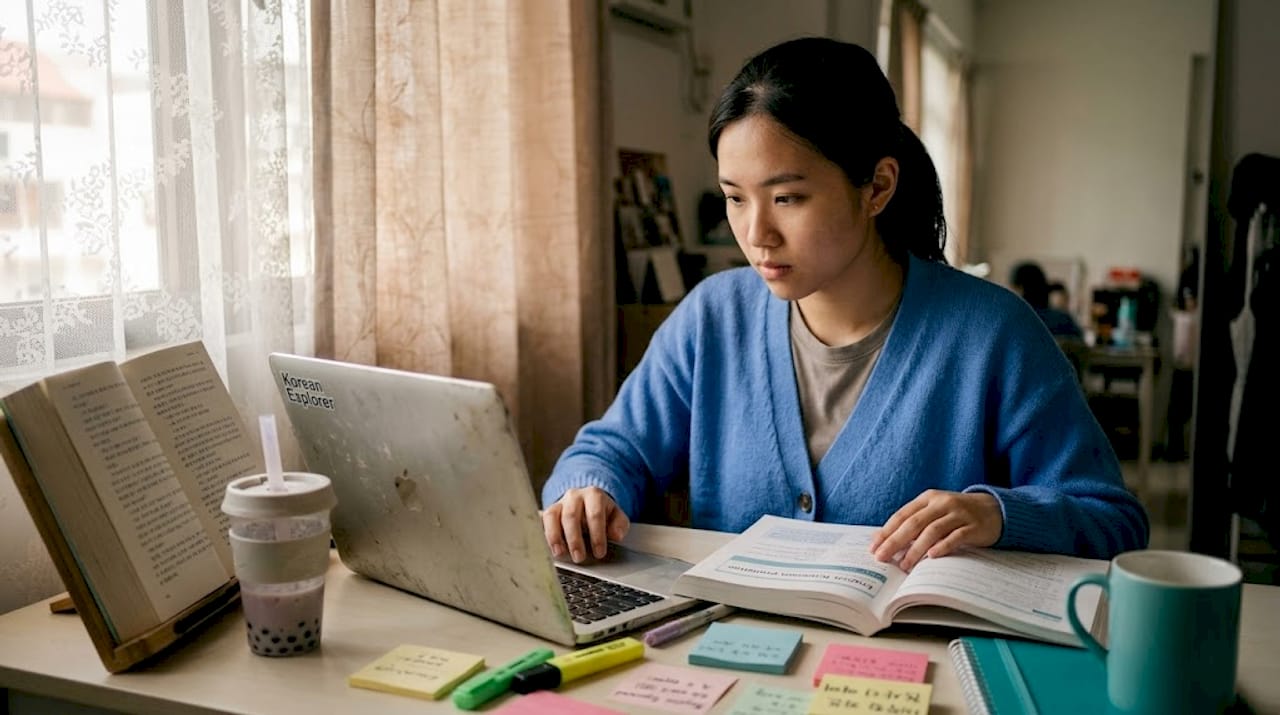 Student switching between Korean and English texts