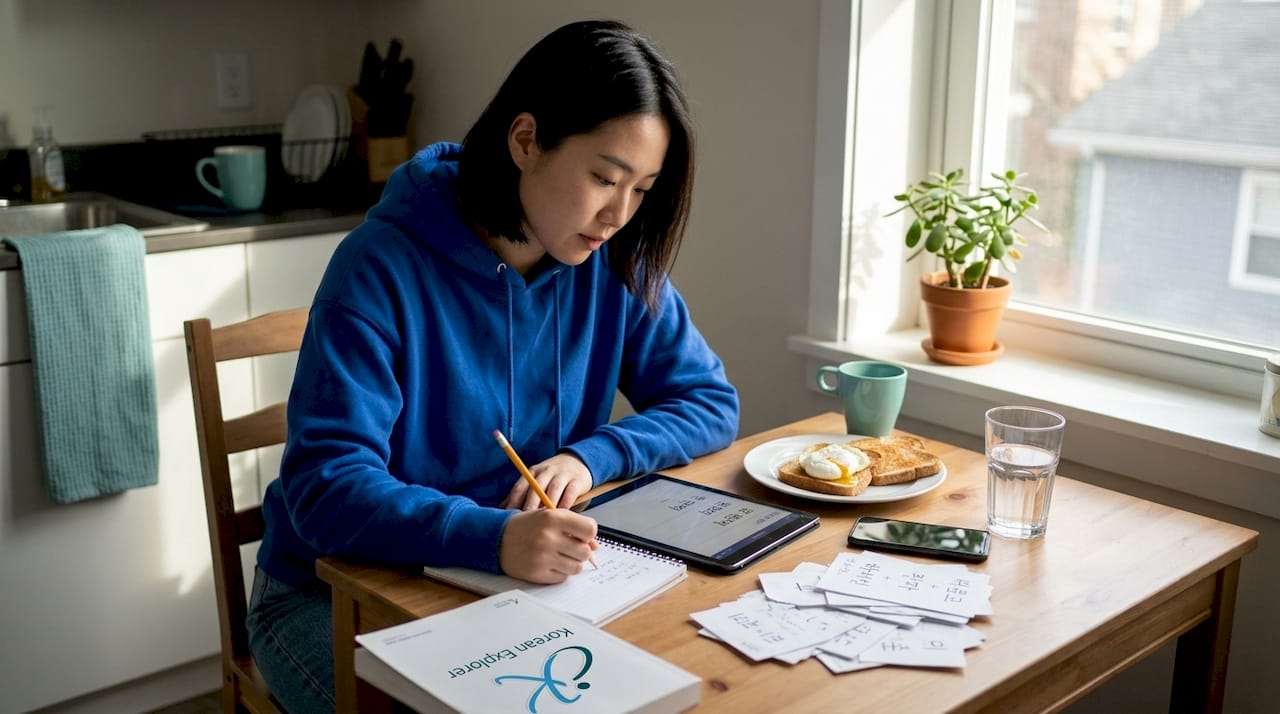 Woman practicing Korean vocabulary at kitchen table