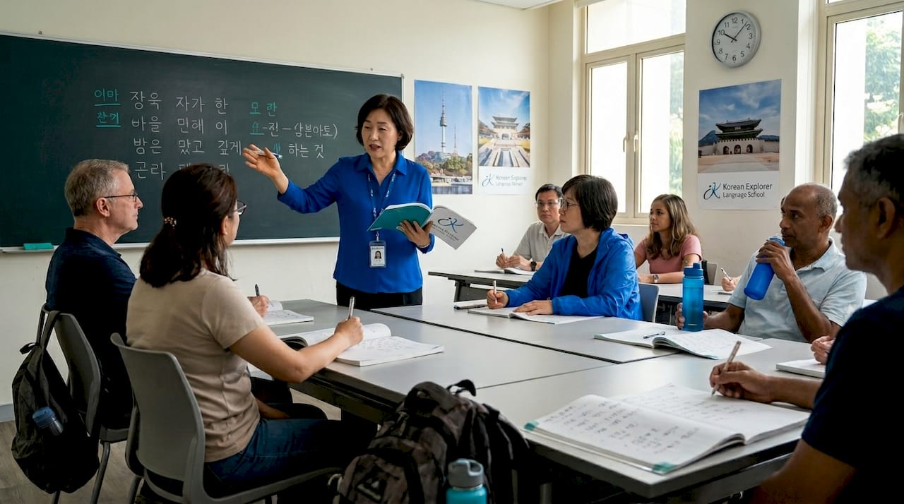 Korean teacher leading class in Singapore community room