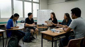 Adult learners studying Hangul in community classroom