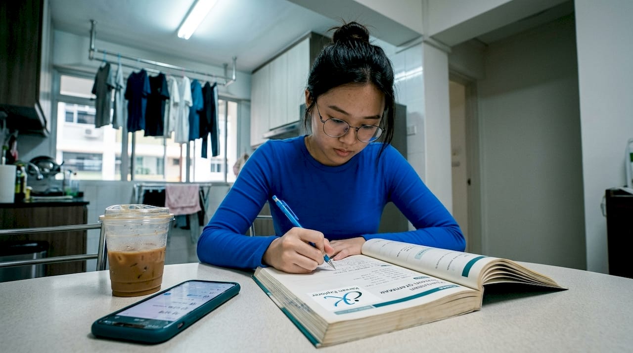 Student studying Korean at kitchen table