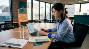 Woman filling Korean job application in office