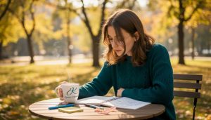 Woman practicing Korean phrases in café