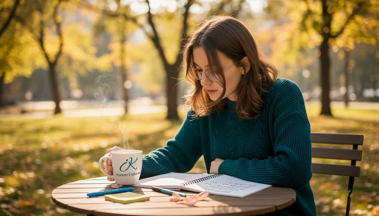 Woman practicing Korean phrases in café