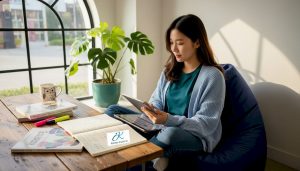 Woman studying Korean on tablet in living room