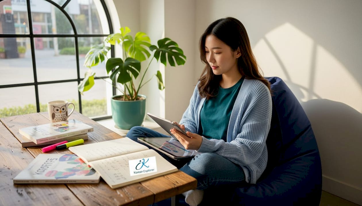 Woman studying Korean on tablet in living room
