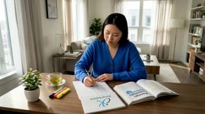 Woman practices Korean writing at home desk