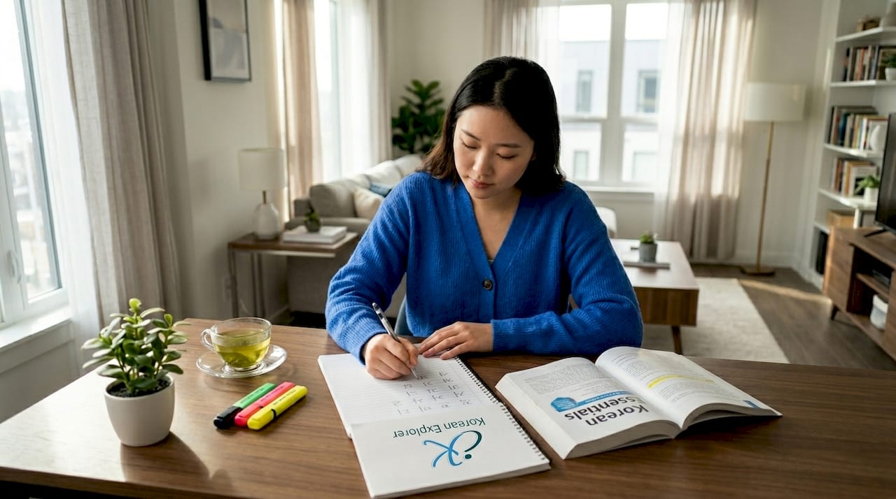 Woman practices Korean writing at home desk