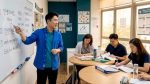 Korean teacher explaining grammar to adult students