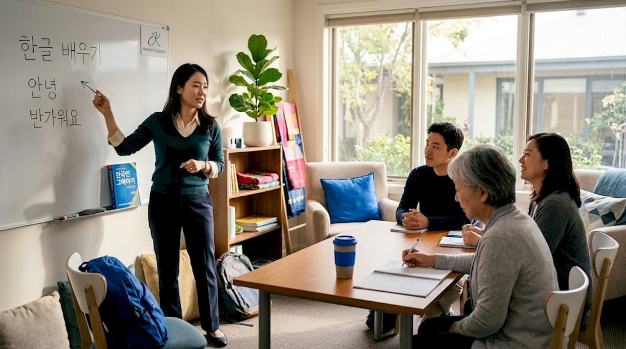 Teacher guiding students in Korean class discussion