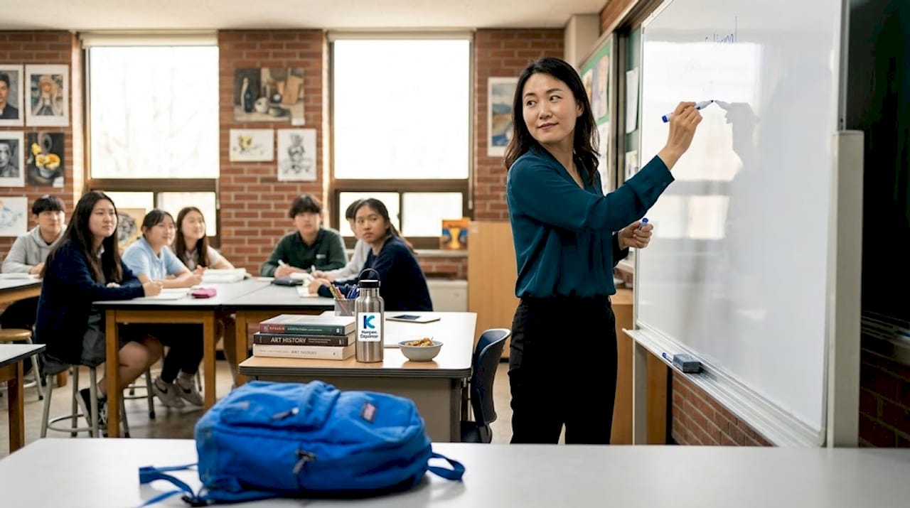 Korean teacher writing in high school classroom