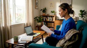 Learner reviewing Korean notes in living room