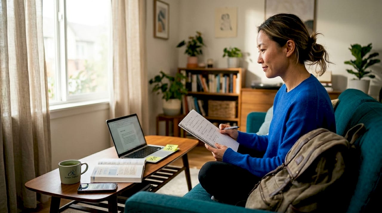 Learner reviewing Korean notes in living room