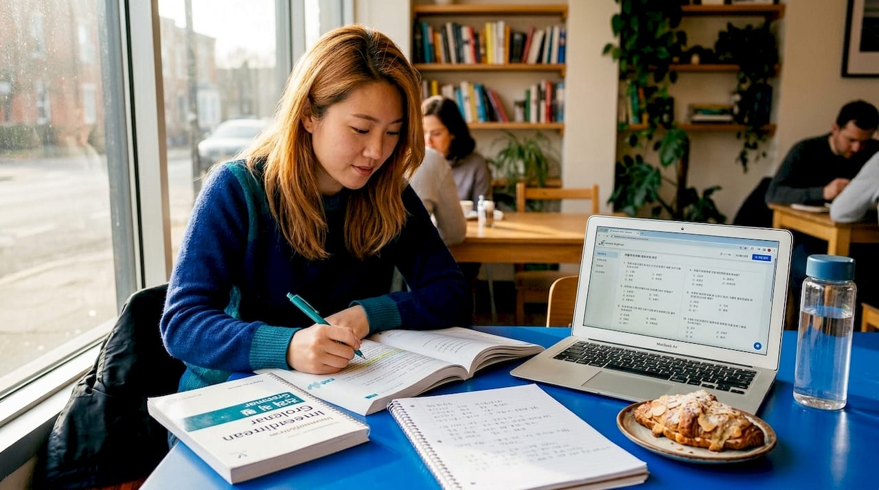 Student studying for Korean exam at kitchen table
