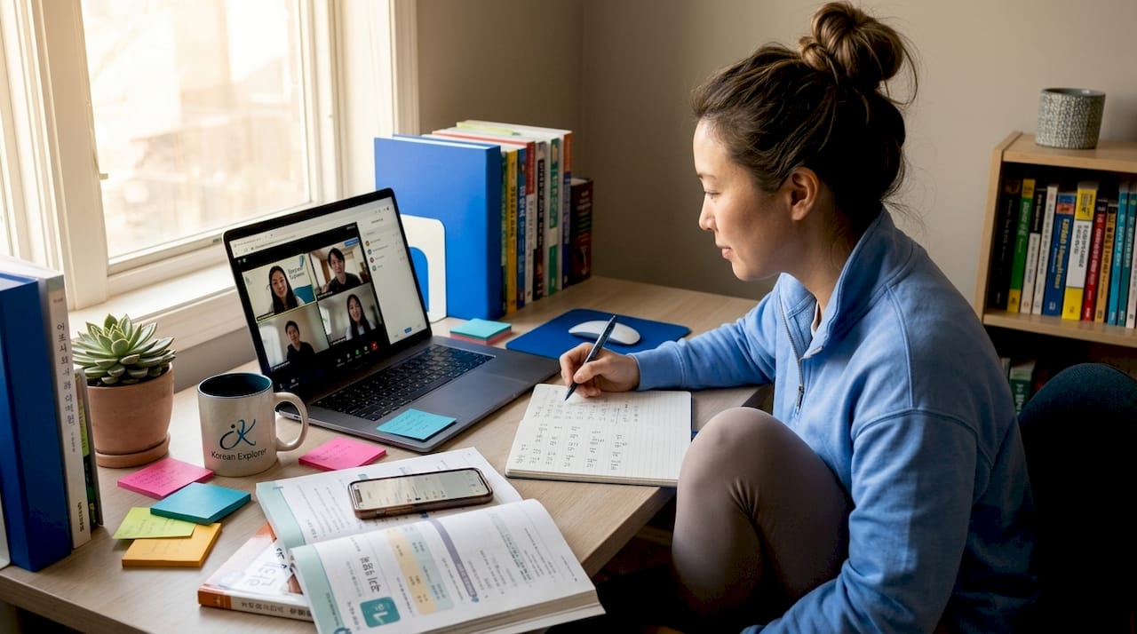 Adult studying Korean at home workspace