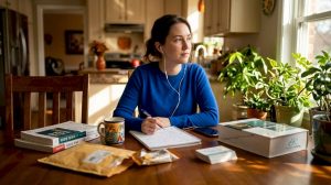 Woman studying for TOPIK exam at kitchen table