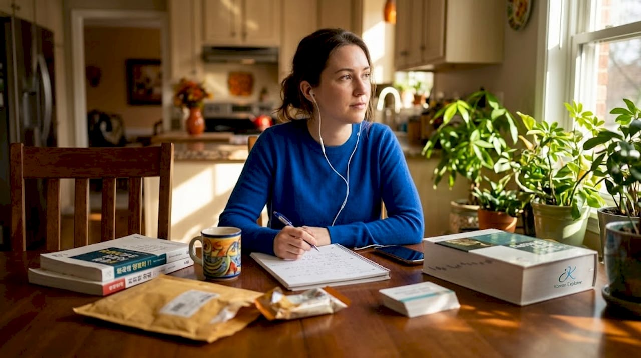 Woman studying for TOPIK exam at kitchen table
