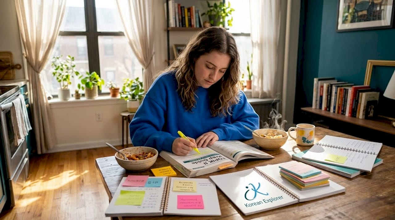 Student studying TOPIK exam materials at kitchen table