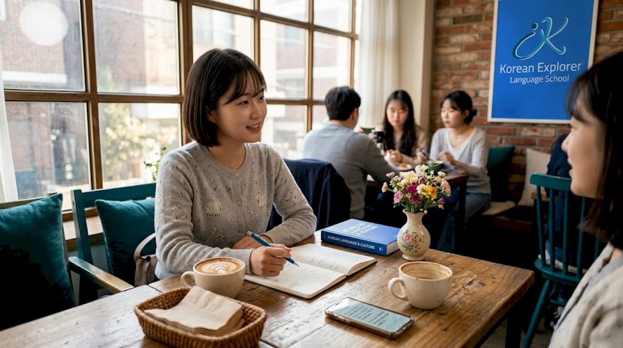 Women discussing Korean conversation in café