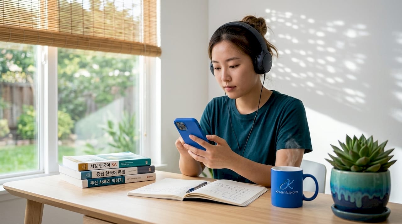 Learner studying Korean dialects with tablet and books