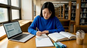 Student studying academic Korean in library