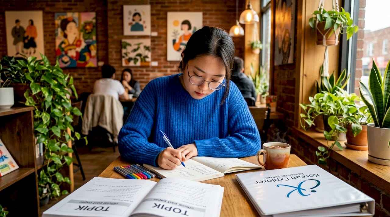 Student preparing for TOPIK exam at home desk