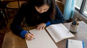 Woman practicing Korean Hangul writing at desk