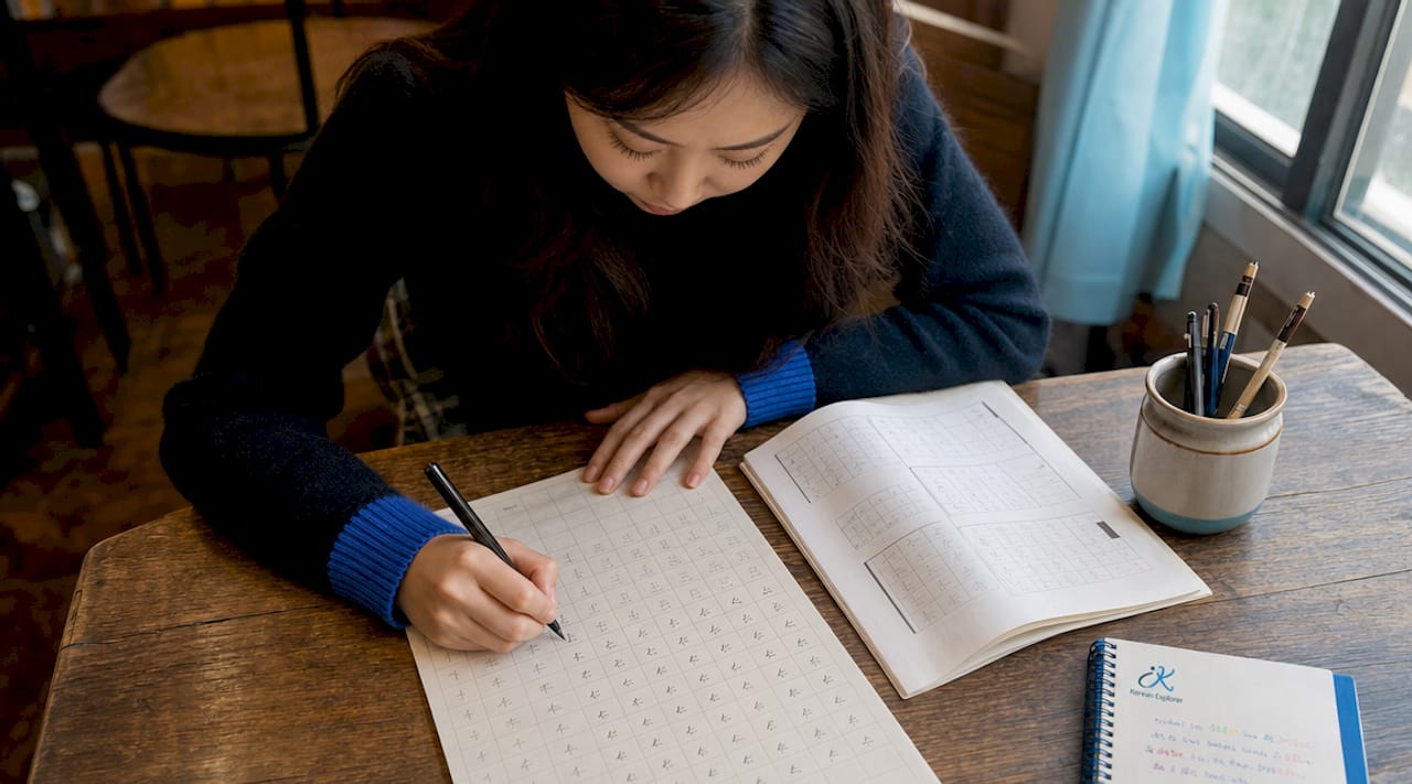 Woman practicing Korean Hangul writing at desk