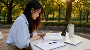 Woman studying Korean language at desk