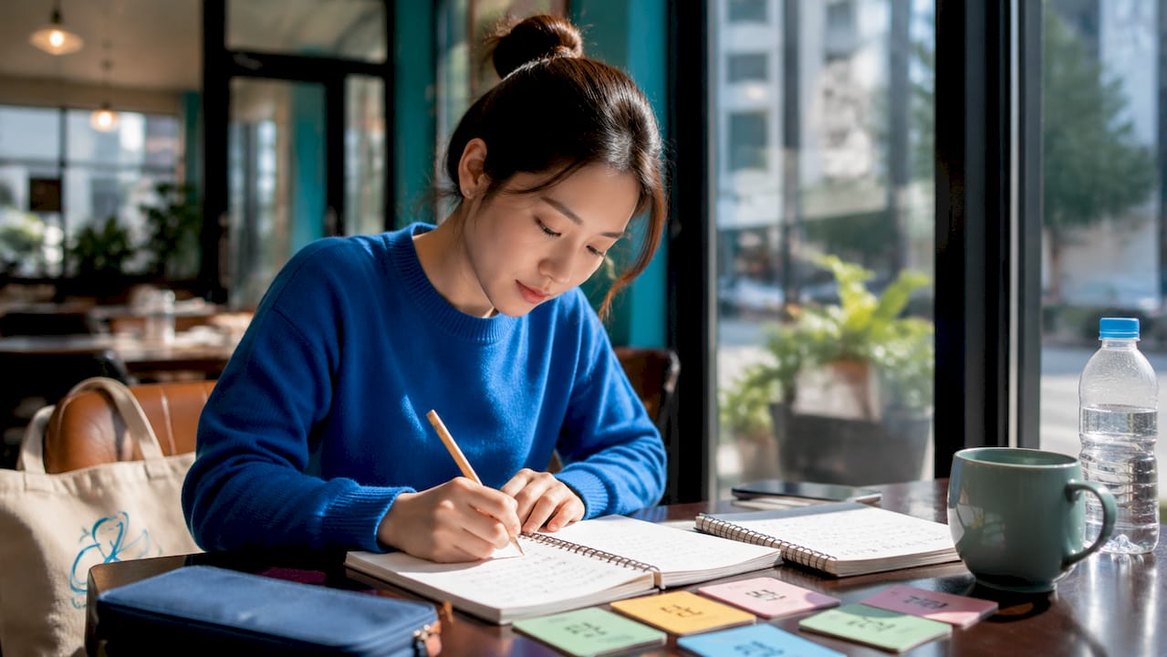 Woman studying Korean numbers at desk