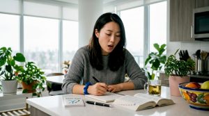 Woman practicing Korean tongue twisters at desk