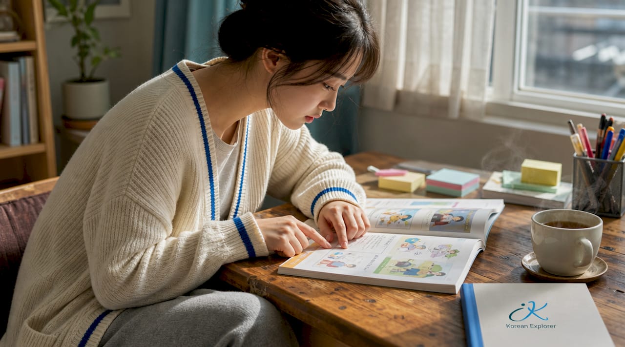 Learner studying Korean textbook at desk