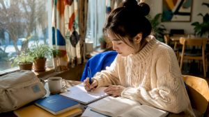 Young woman studying Korean with notes and audio